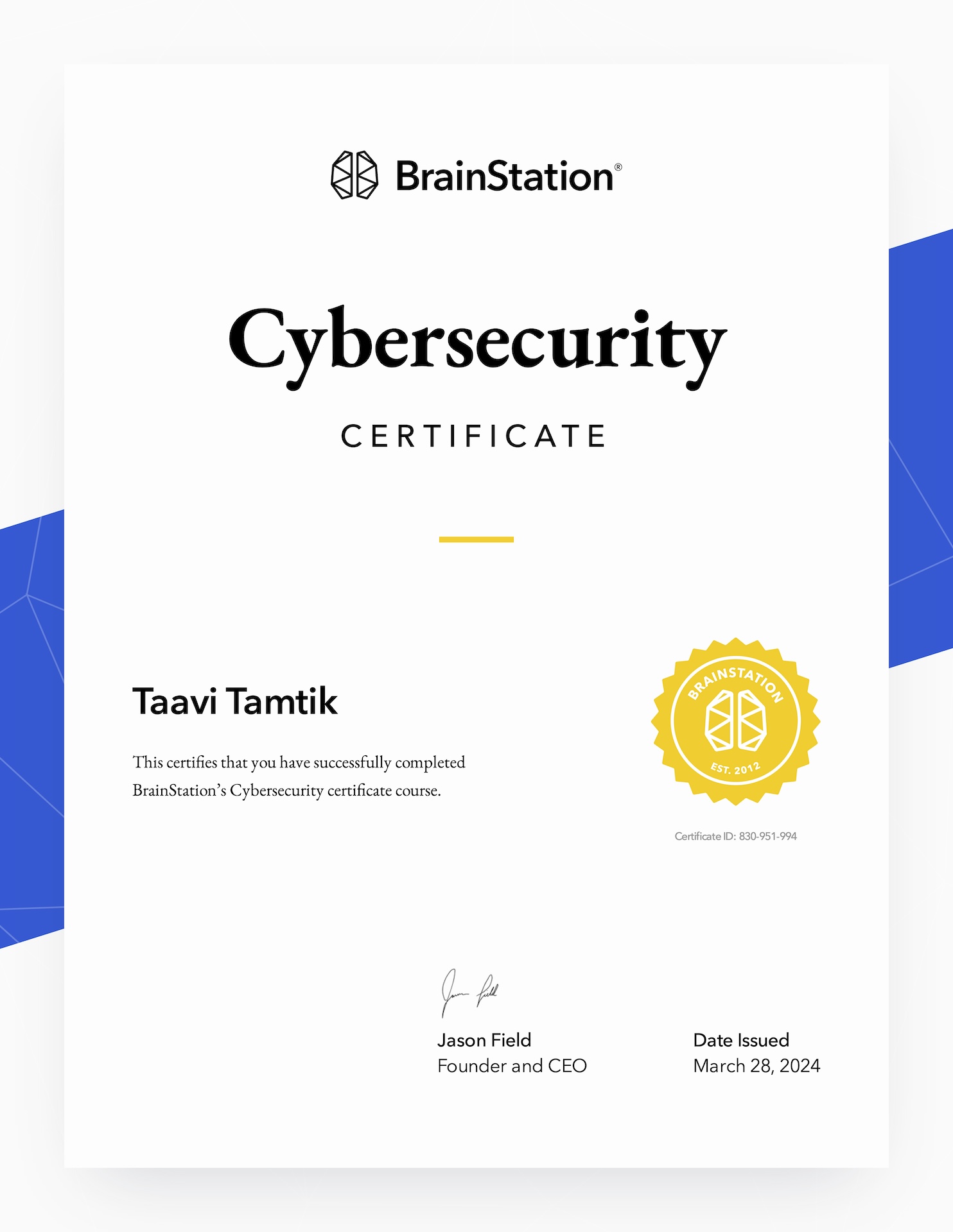 Cybersecurity Certificate by BrainStation